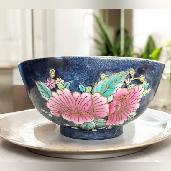 VTG WBI Chinoiserie Enameled Porcelain Rose Punch Bowl - Picture 7 of 11